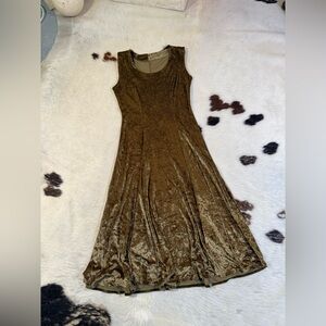 Vintage Green Velvet Midi Dress S/M | Crushed Velvet Fit & Flare Dress